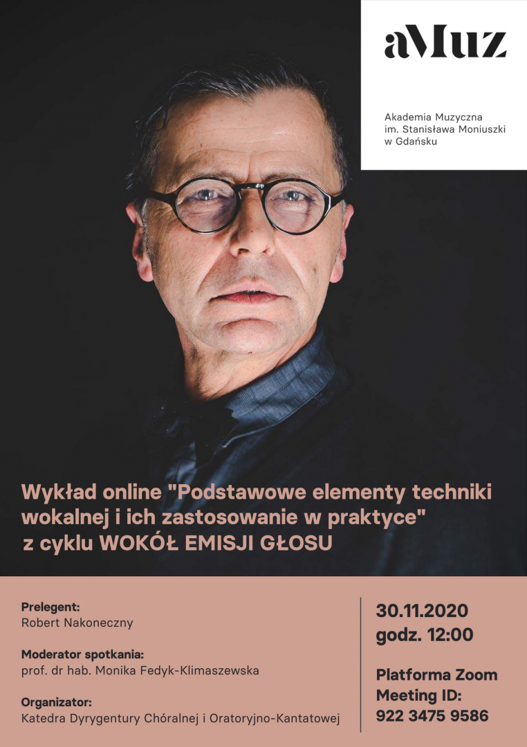 Plakat wydarzenia 'Wykład online „Podstawowe elementy techniki wokalnej i ich zastosowanie w praktyce” z cyklu WOKÓŁ EMISJI GŁOSU'
