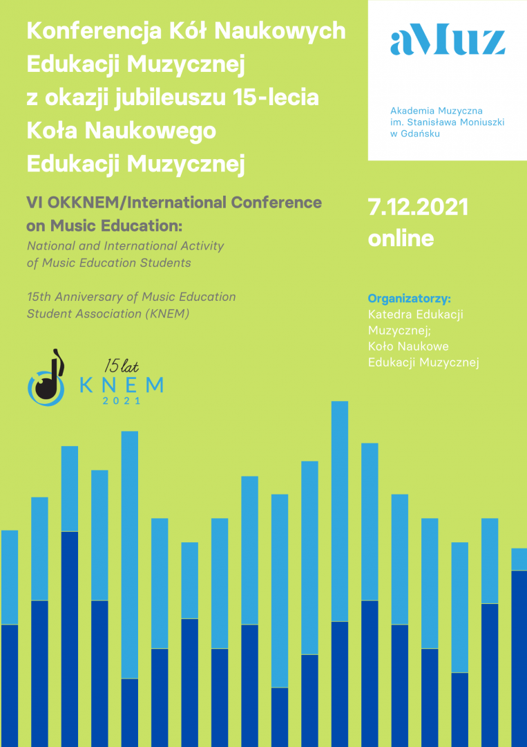 Plakat wydarzenia 'Konferencja Kół Naukowych Edukacji Muzycznej z okazji jubileuszu 15-lecia Koła Naukowego Edukacji Muzycznej'