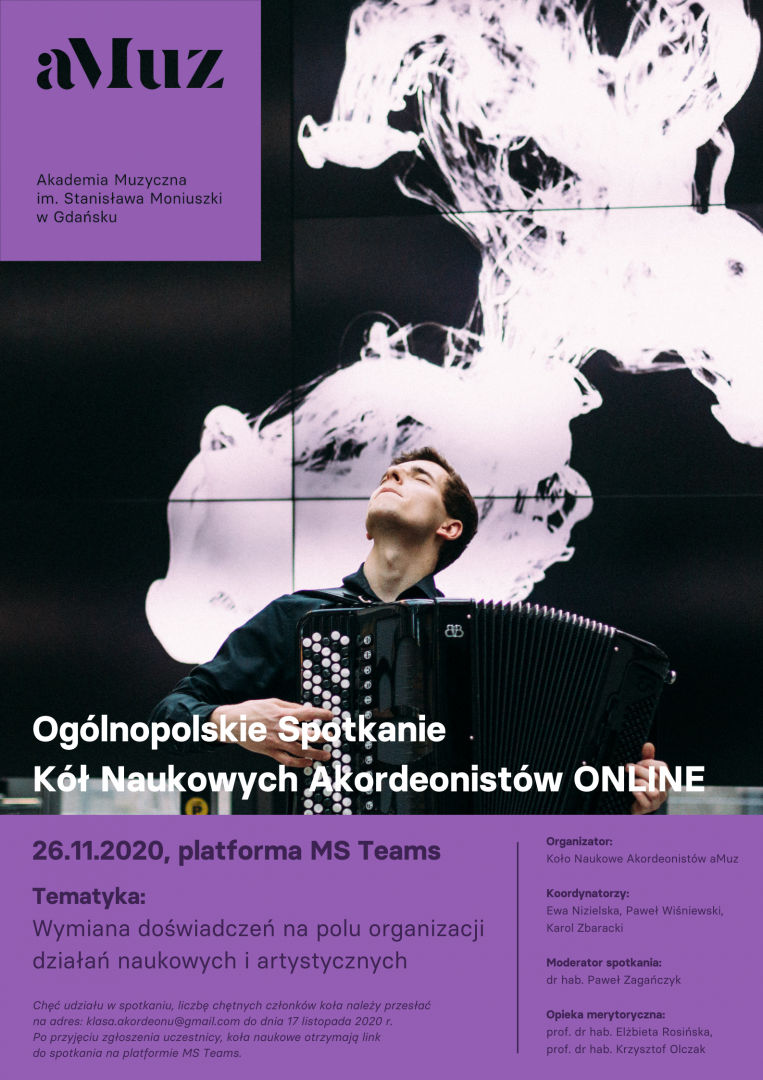 Plakat wydarzenia 'Ogólnopolskie Spotkanie Kół Naukowych Akordeonistów online'