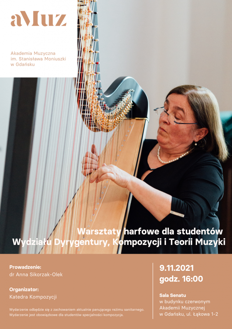 Plakat wydarzenia 'Warsztaty harfowe dla studentów Wydziału Dyrygentury, Kompozycji i Teorii Muzyki'