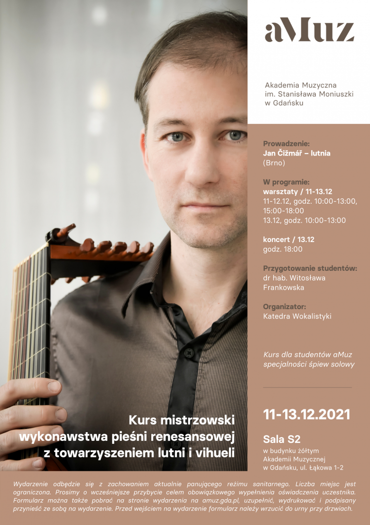 Plakat wydarzenia 'Kurs mistrzowski wykonawstwa pieśni renesansowej z towarzyszeniem lutni i vihueli: Jan Čižmář'