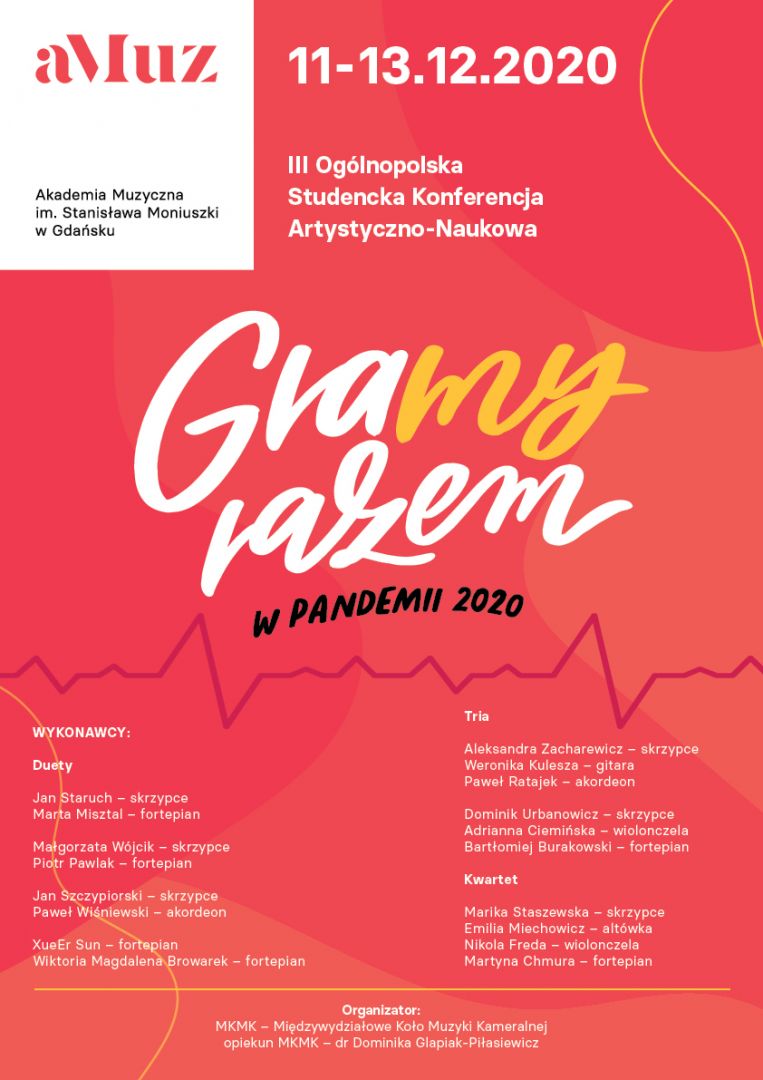 Plakat wydarzenia 'III Ogólnopolska Studencka Konferencja Artystyczno-Naukowa „GRAMY RAZEM W PANDEMII 2020”'