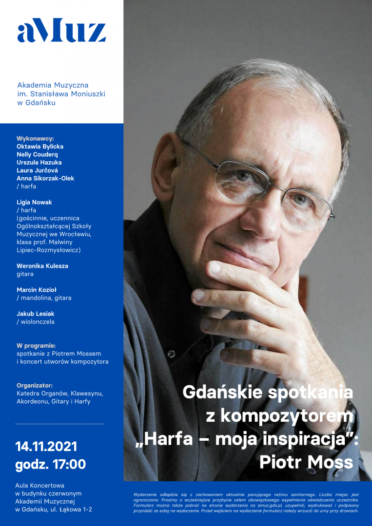 Plakat wydarzenia 'Gdańskie spotkania z kompozytorem „Harfa – moja inspiracja”: Piotr Moss '
