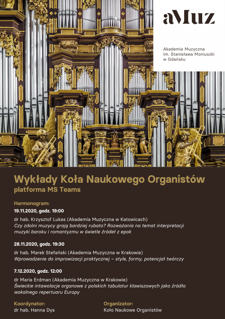 Plakat wydarzenia 'Wykłady Koła Naukowego Organistów – dr Maria Erdman'