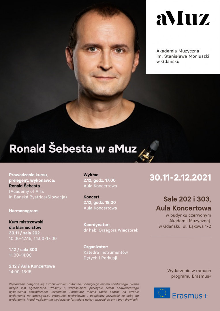 Plakat wydarzenia 'Ronald Šebesta w aMuz / Kurs mistrzowski dla klarnecistów, wykład i koncert'