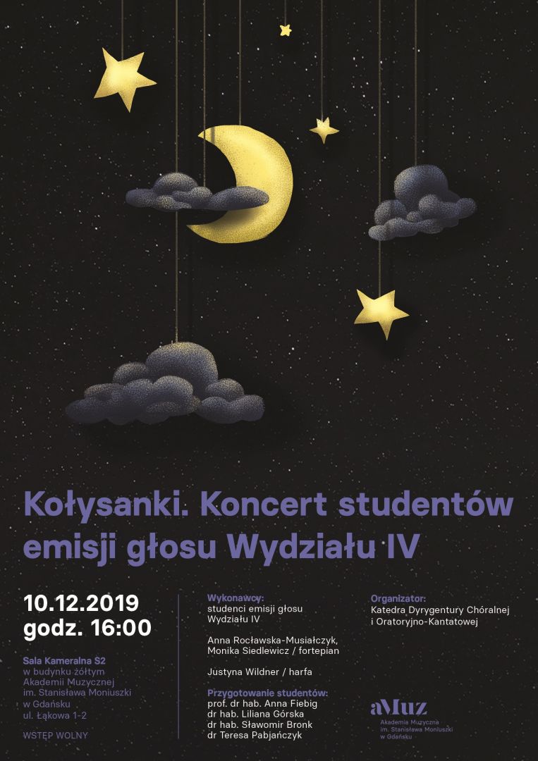 Plakat wydarzenia 'Kołysanki. Koncert studentów emisji głosu Wydziału IV'