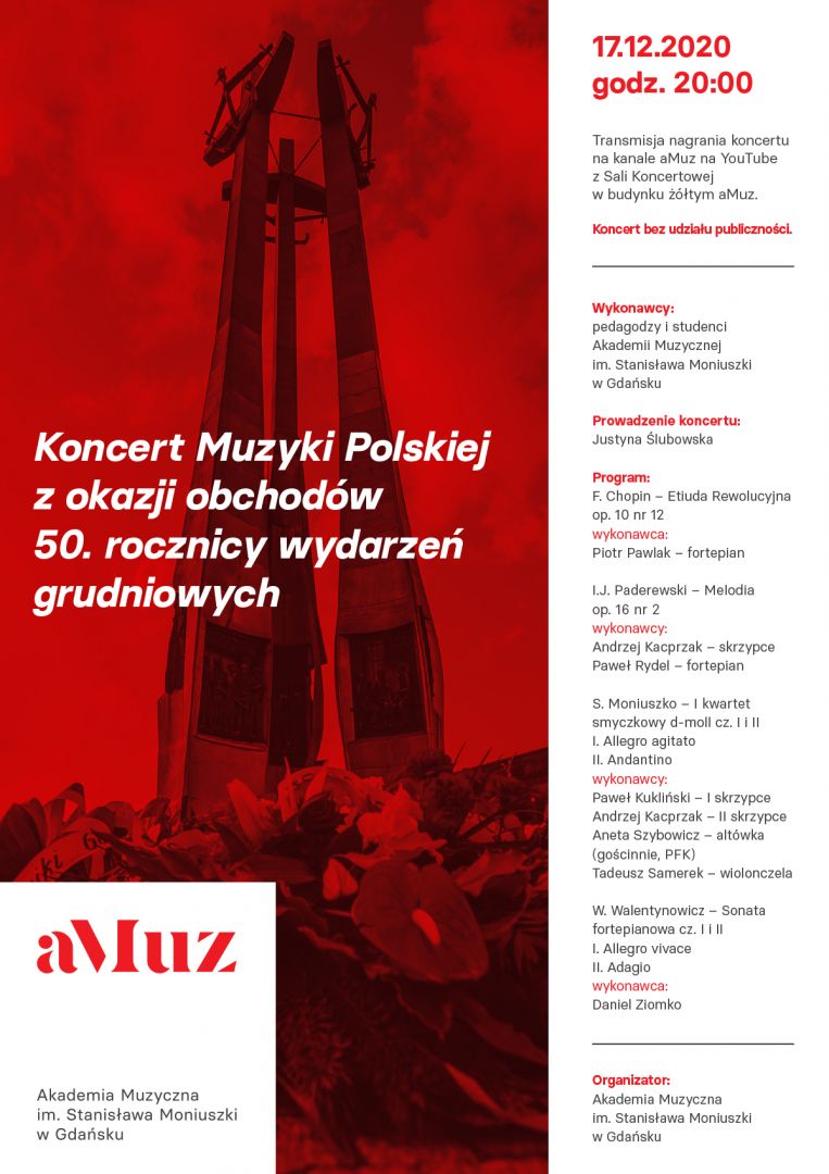 Plakat wydarzenia 'Koncert Muzyki Polskiej z okazji obchodów 50. rocznicy wydarzeń grudniowych'
