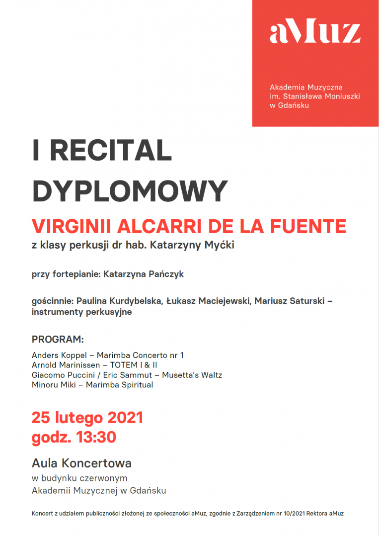 Plakat wydarzenia 'I recital dyplomowy Virginii Alcarrii de la Fuente – marimba'