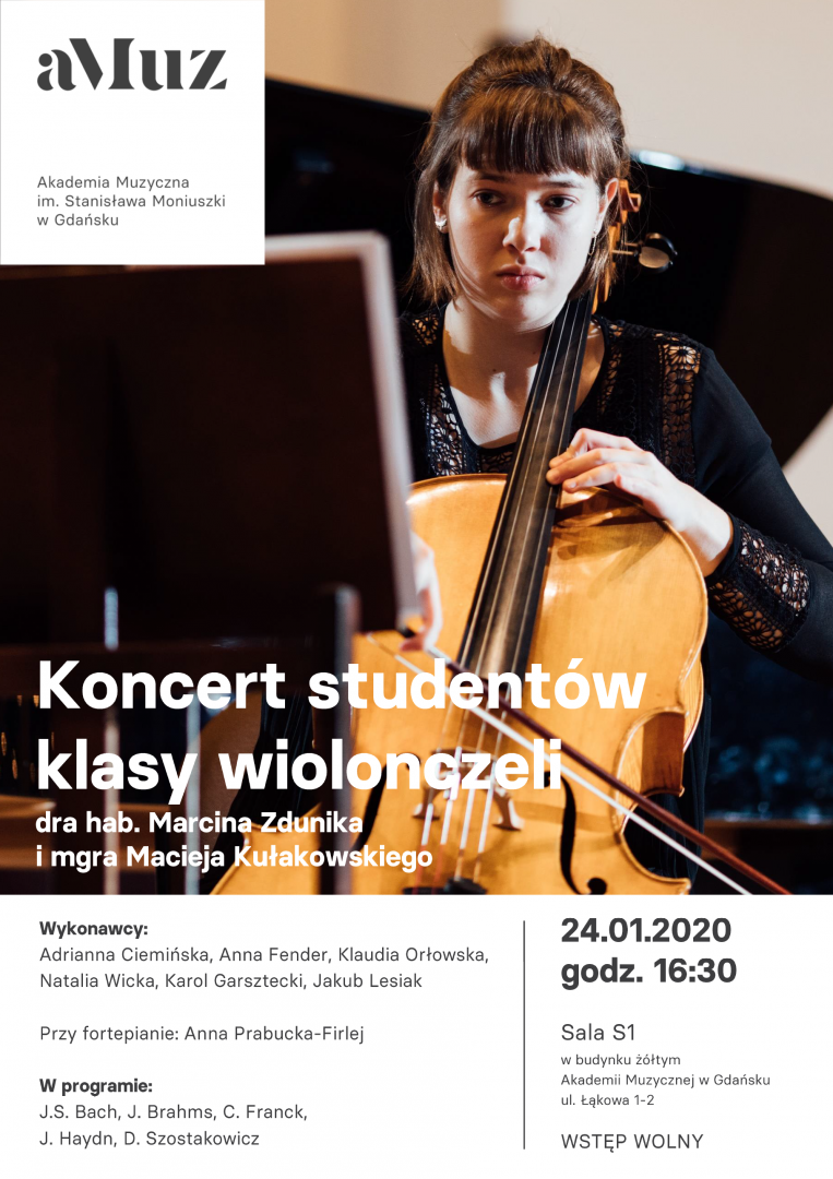 Plakat wydarzenia 'Koncert studentów klasy wiolonczeli dra hab. Marcina Zdunika i mgra Macieja Kułakowskiego'
