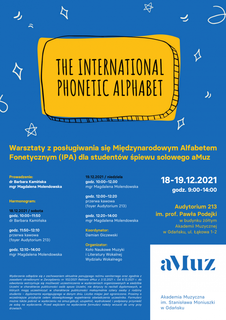 Plakat wydarzenia 'Warsztaty z posługiwania się Międzynarodowym Alfabetem Fonetycznym (IPA) dla studentów śpiewu solowego aMuz'