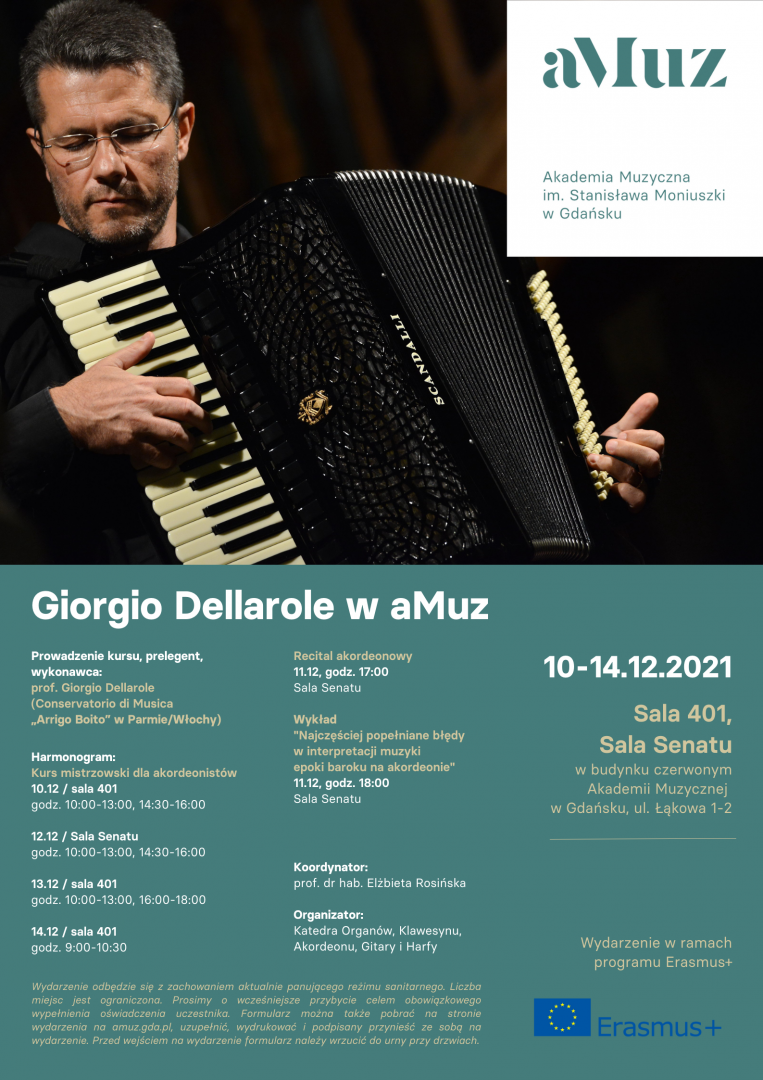 Plakat wydarzenia 'Kurs mistrzowski dla akordeonistów: prof. Giorgio Dellarole (Włochy)'