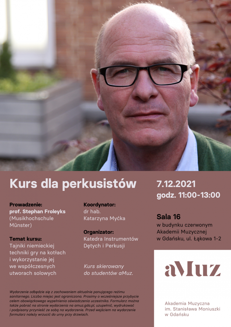 Plakat wydarzenia 'ODWOŁANE! Kurs dla perkusistów: prof. Stephan Froleyks'