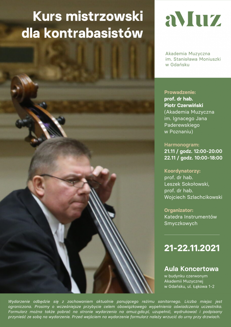 Plakat wydarzenia 'Kurs mistrzowski dla kontrabasistów: prof. dr hab. Piotr Czerwiński'
