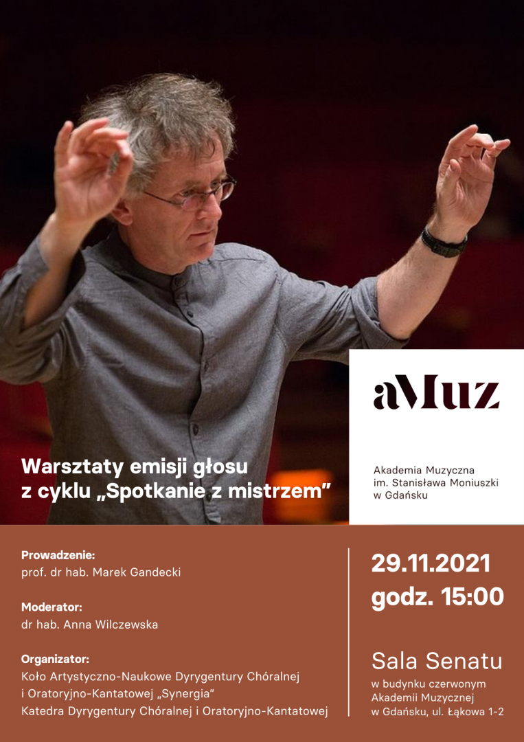 Plakat wydarzenia 'ODWOŁANE! Warsztaty emisji głosu z cyklu „Spotkanie z mistrzem”: prof. dr hab. Marek Gandecki'