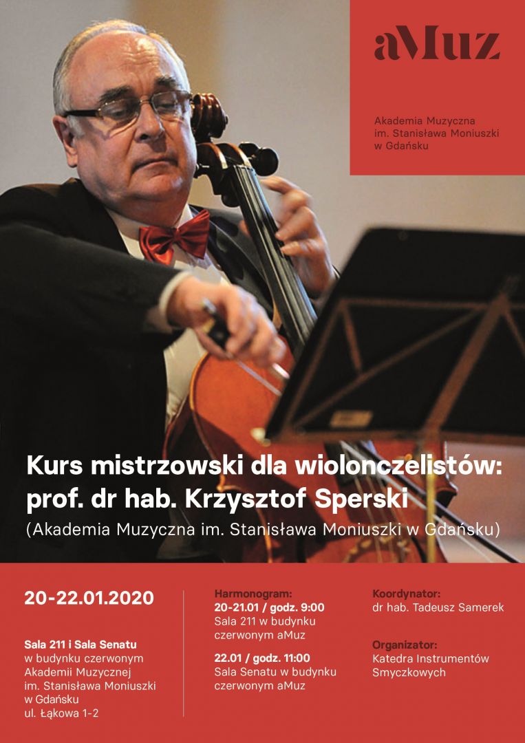 Plakat wydarzenia 'Kurs mistrzowski dla wiolonczelistów: prof. dr hab. Krzysztof Sperski'