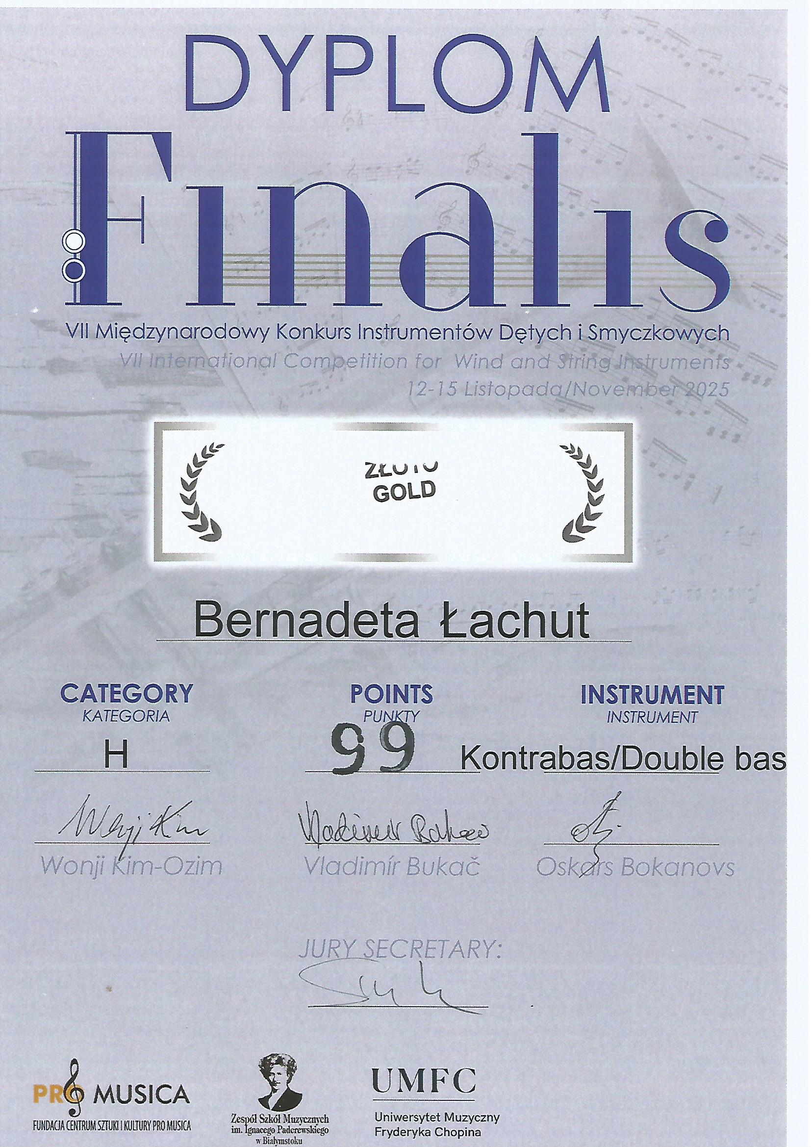 Dyplom zawiera skr&oacute;cone informacje na temat sukcesu.