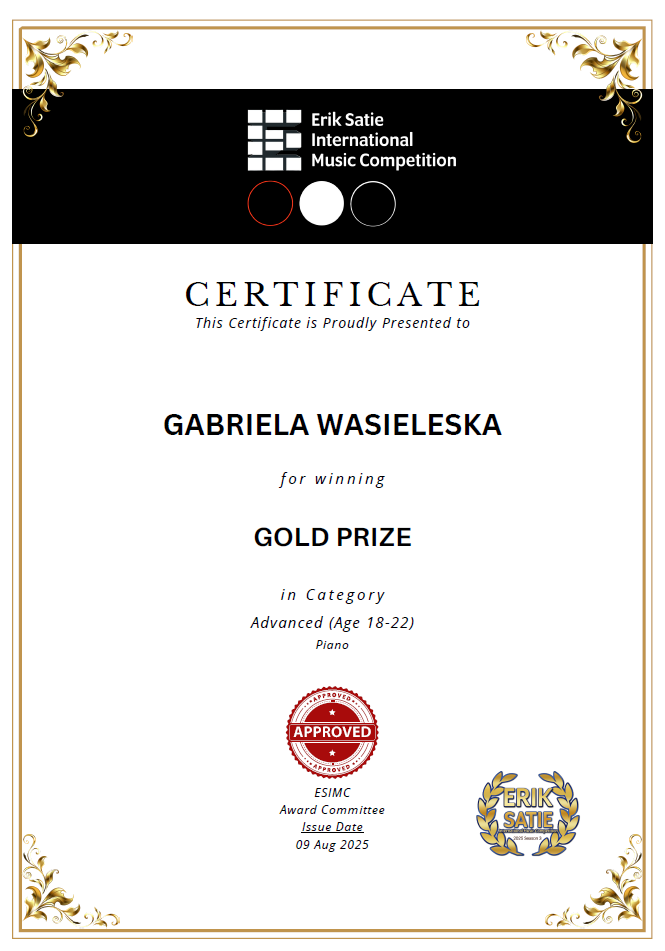 Dyplom Gabrieli Wasielskiej, jest tam także informacja, że to kategoria wiekowa 18-22