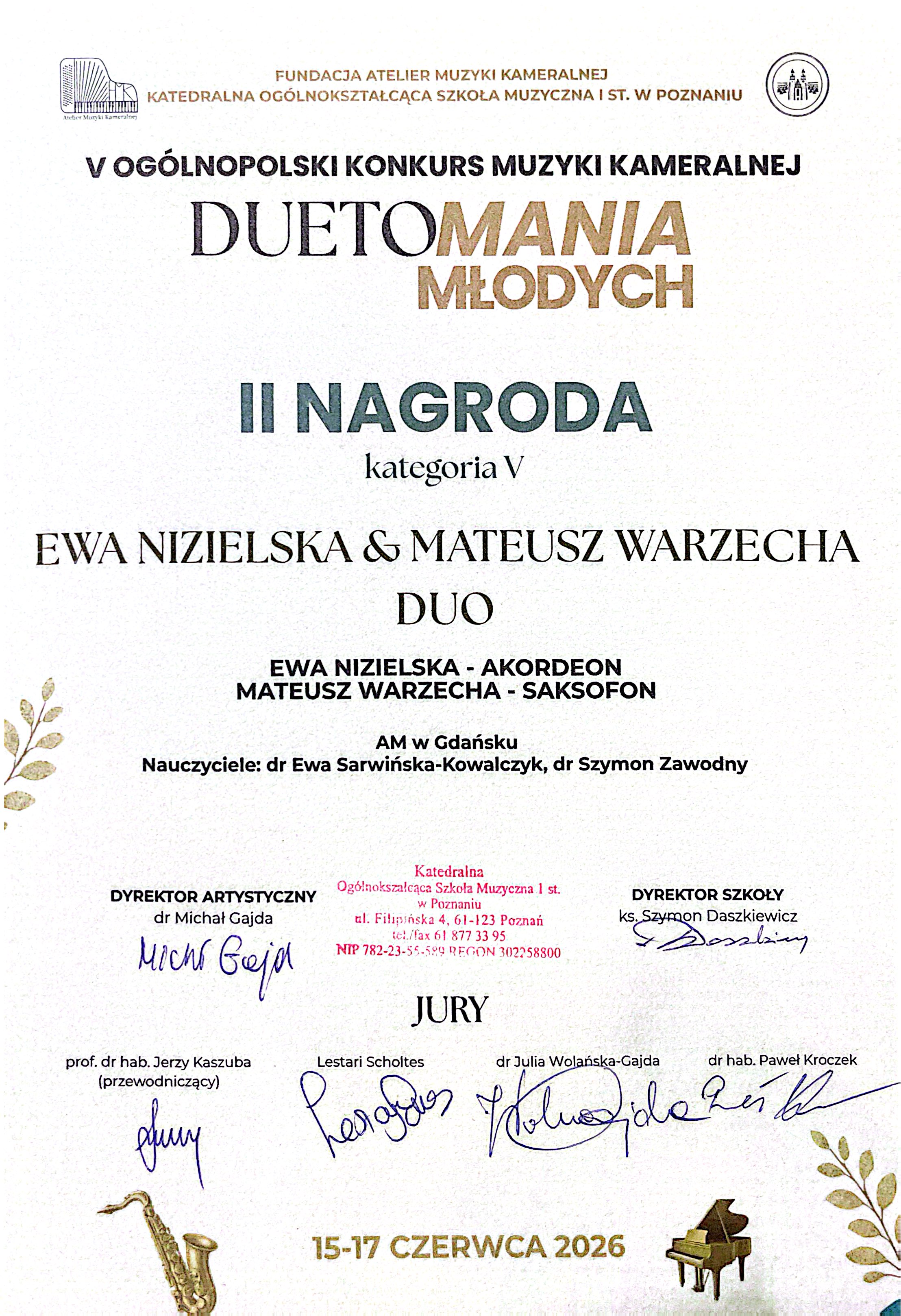 Dyplom zawiera skrócone informacje na temat sukcesu