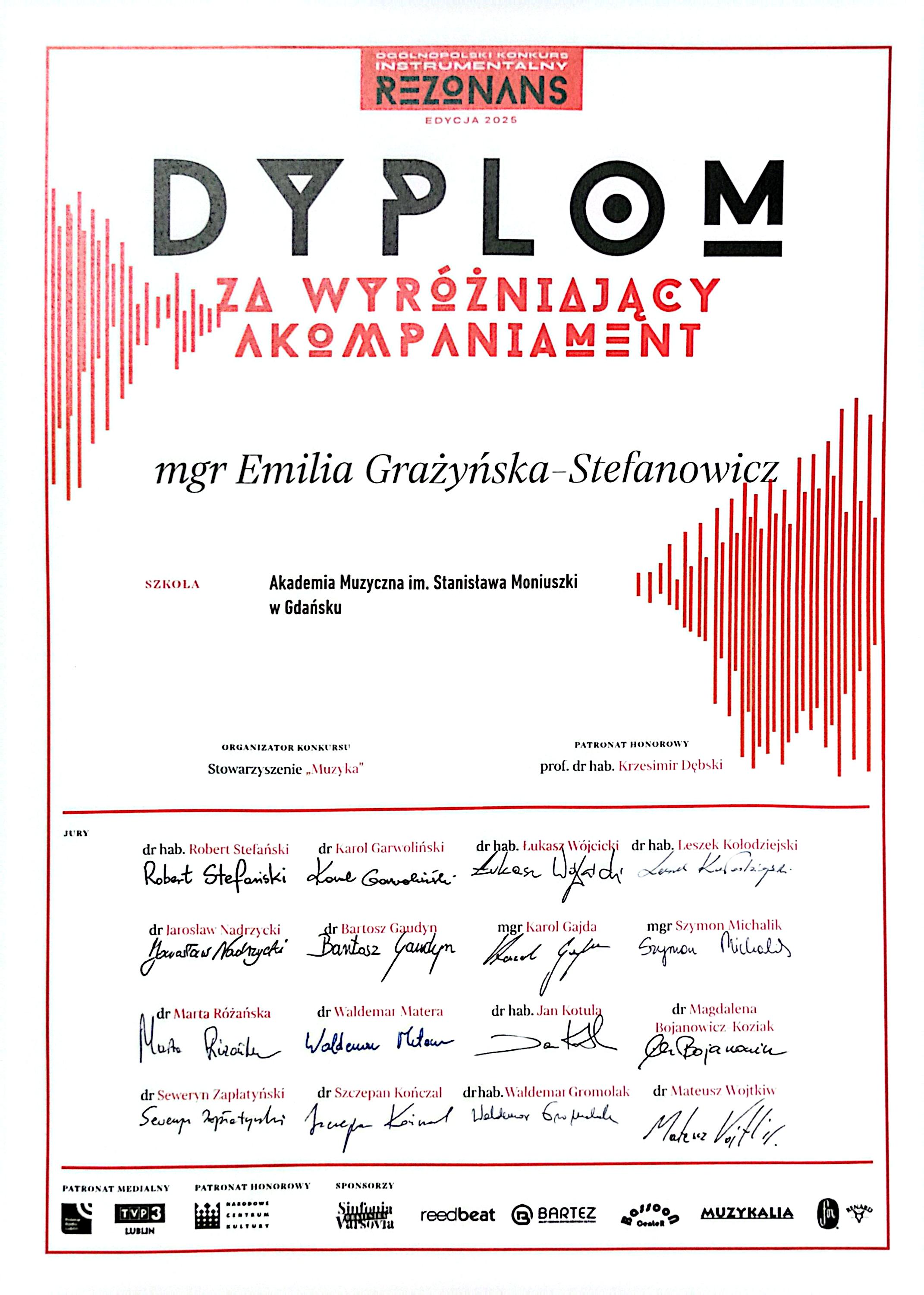 Dyplom Emilii Grażyńskiej-Stefanowicz