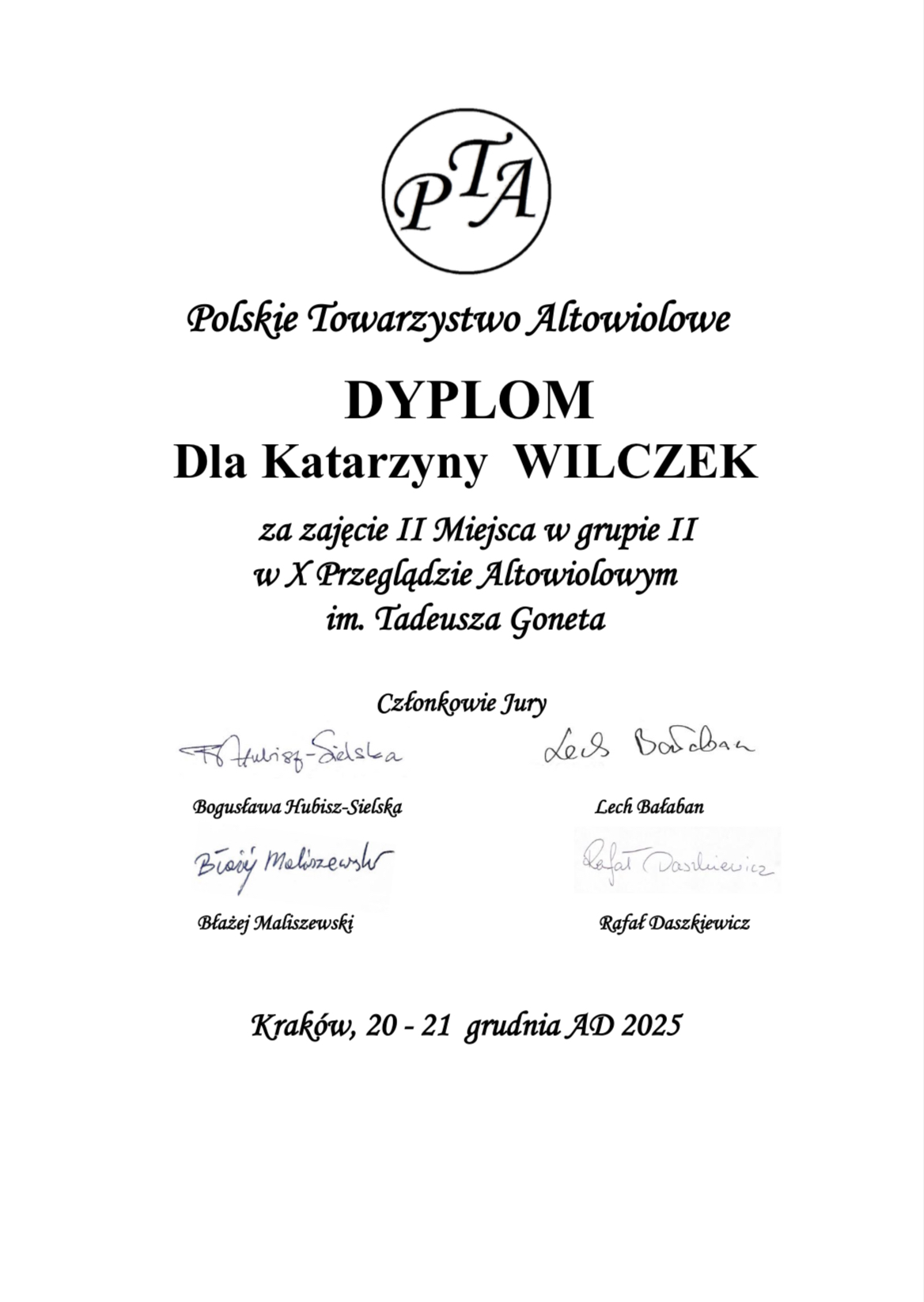 Dyplom zawiera skr&oacute;cone informacje na temat konkursu