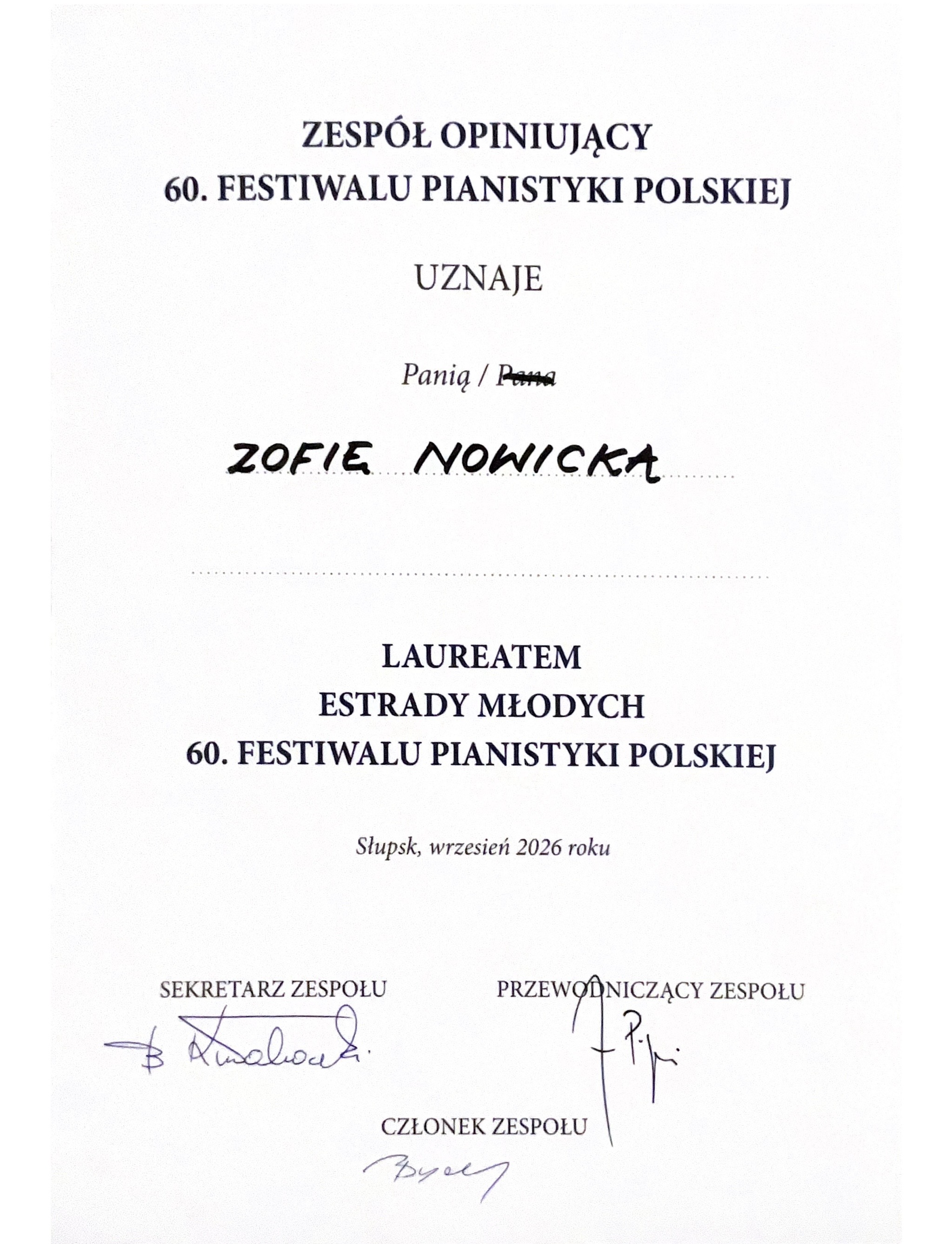 Dyplom Zofii Nowickiej, zawiera skrócone informacje z opisu