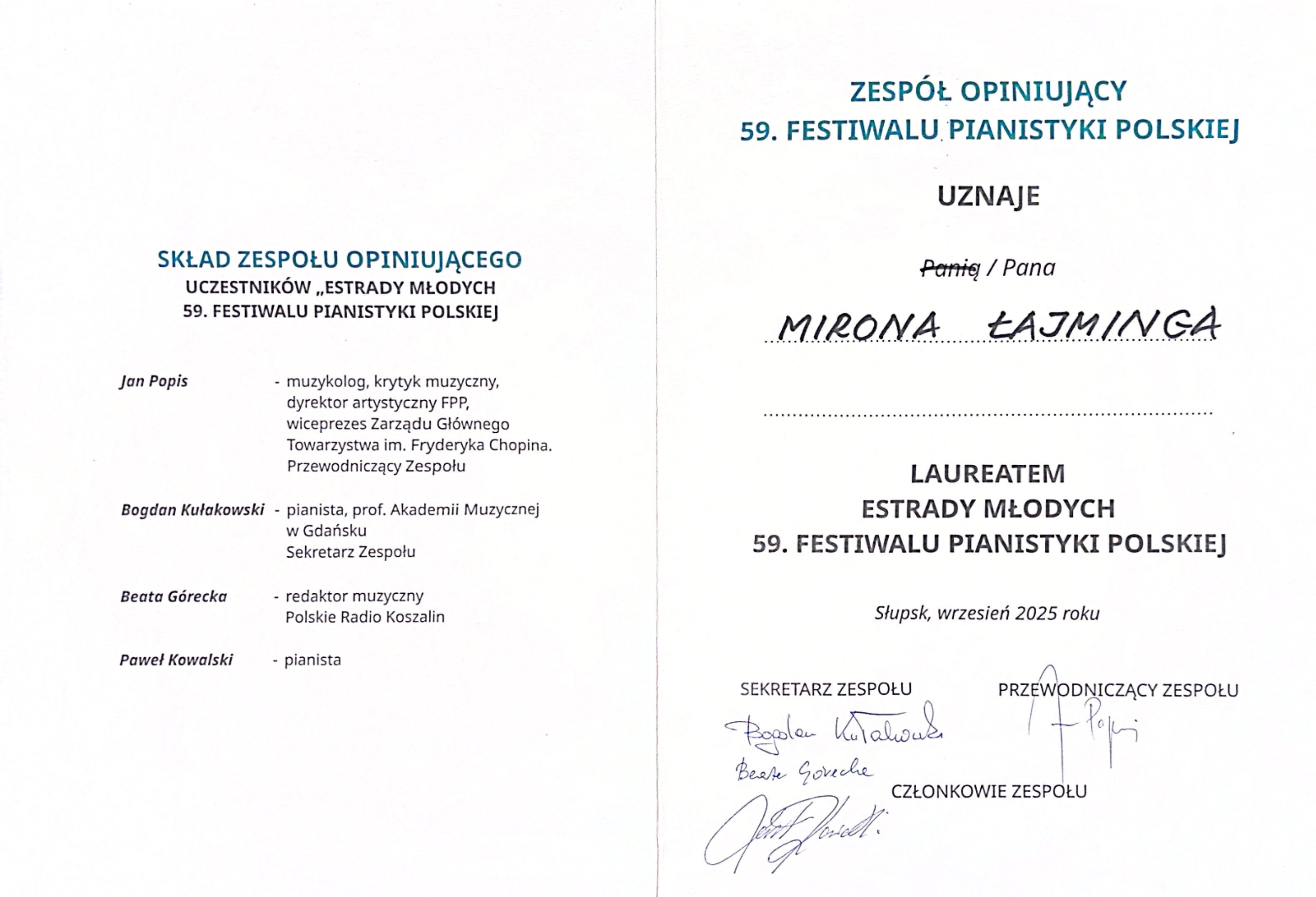 Dyplom Mirona Łajminga, wraz z&nbsp;wypisanym składem zespołu opiniującego 