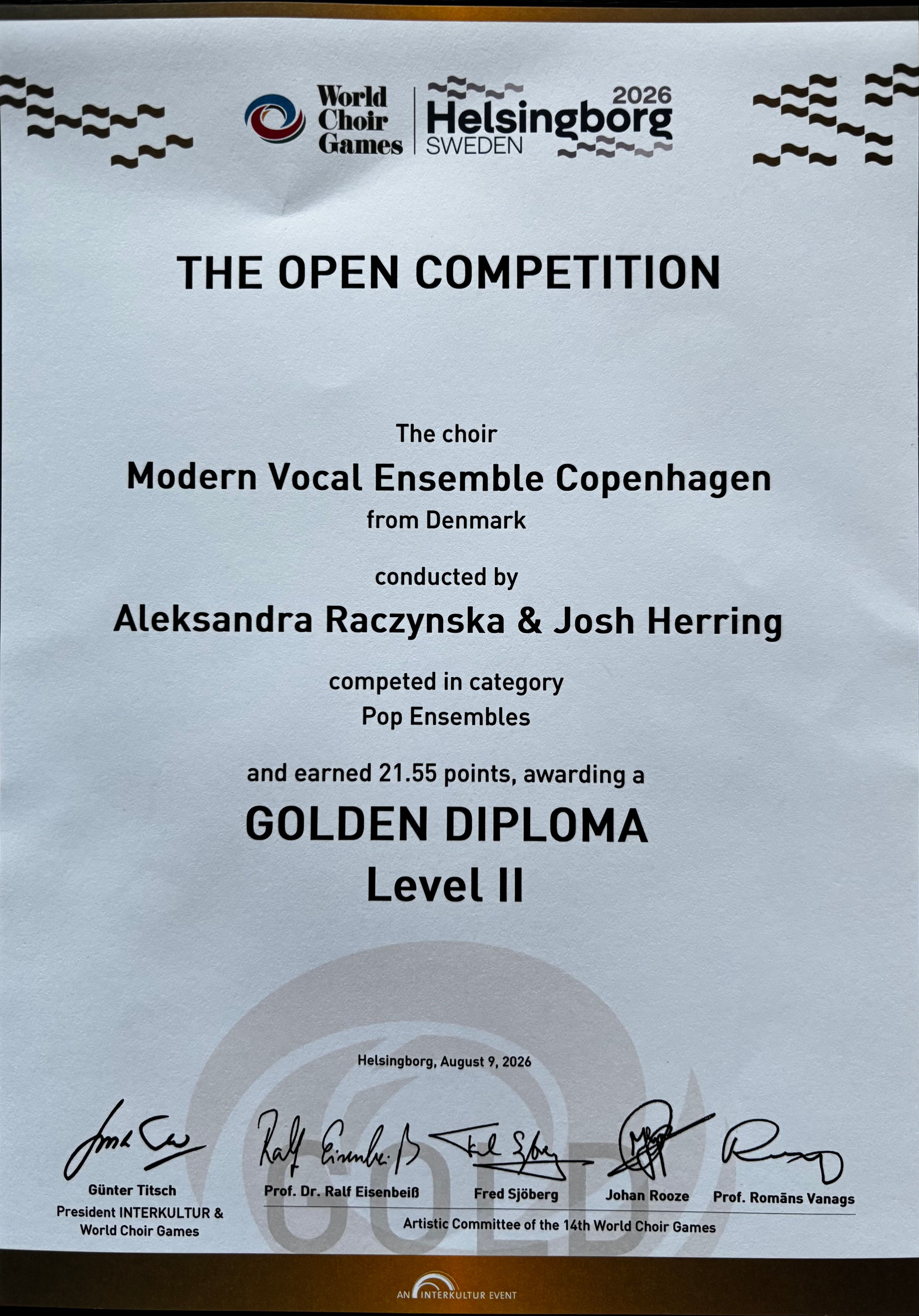Dyplom MVE – World Choir Games 2026 – Golden Diploma