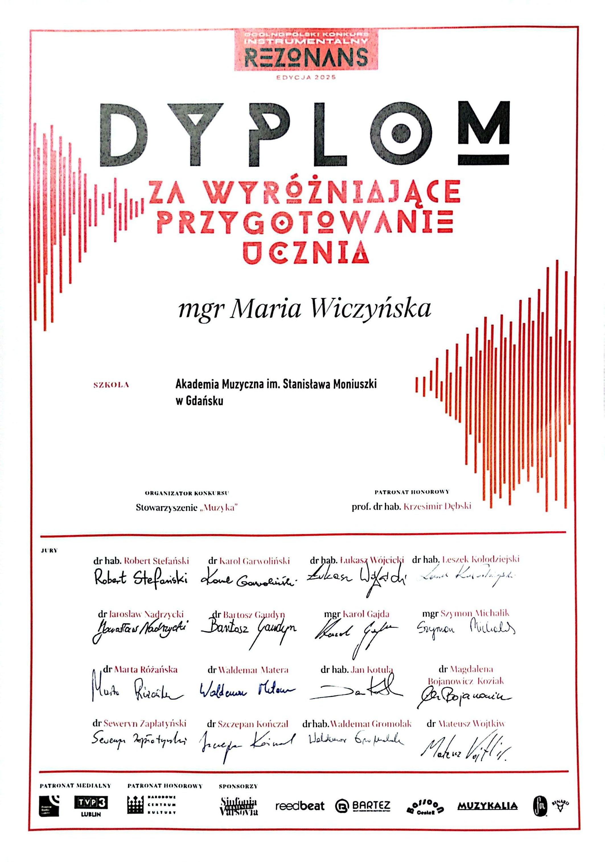 Dyplom Marii Wiczyńskiej 