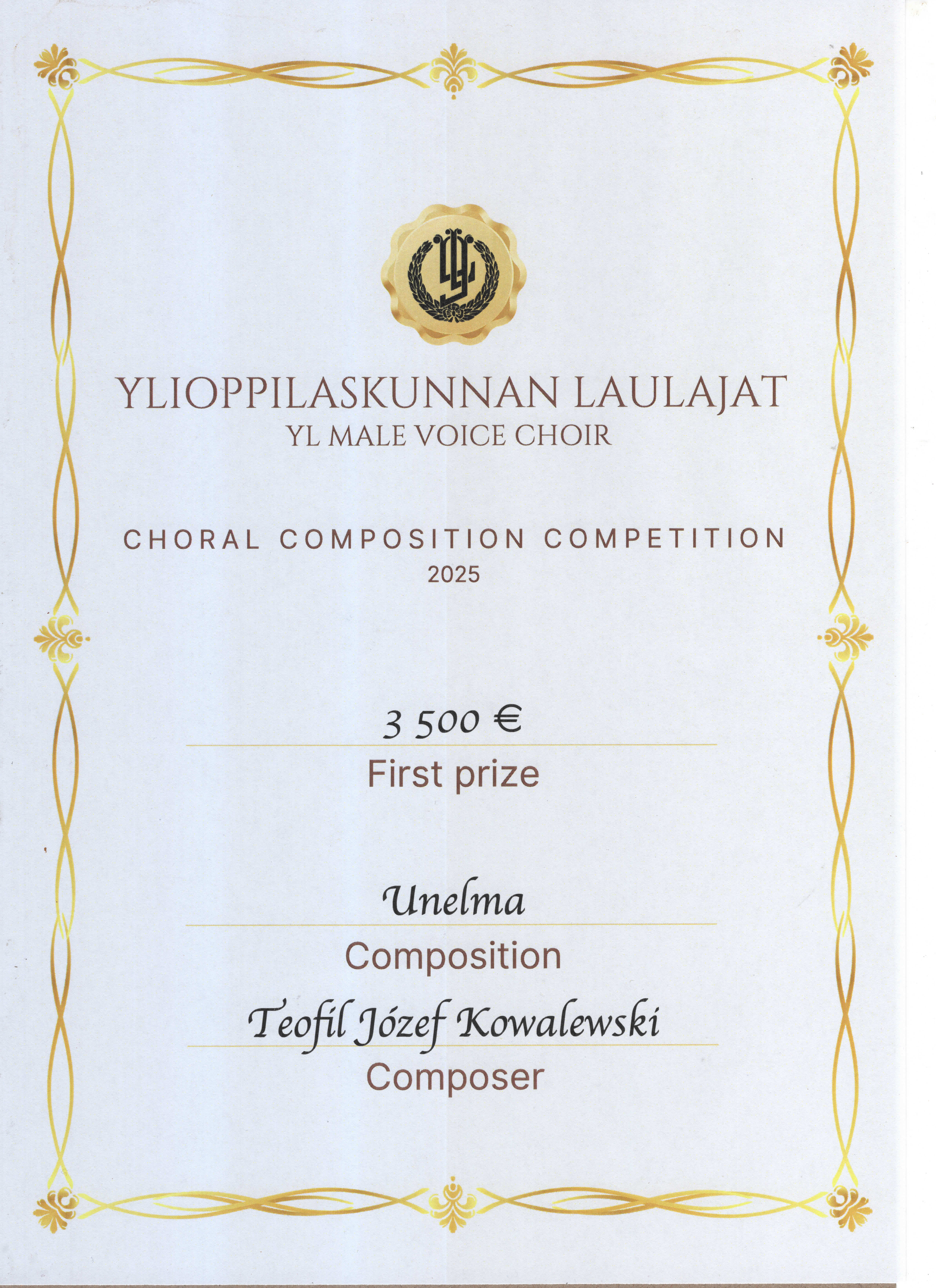 Dyplom Teofila Kowalewskiego, jest na nim także przyznana kwota 3500 euro