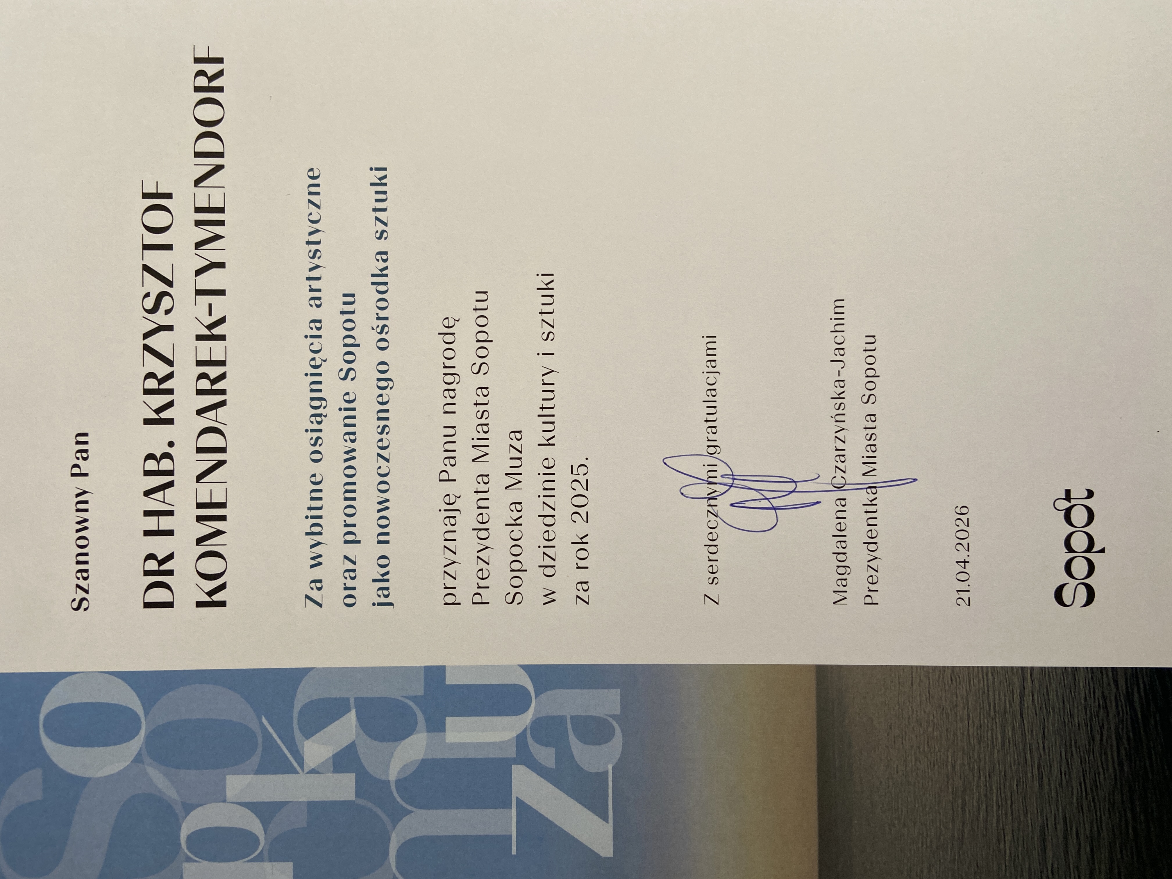 Zdjęcie dyplomu Sopockiej Muzy