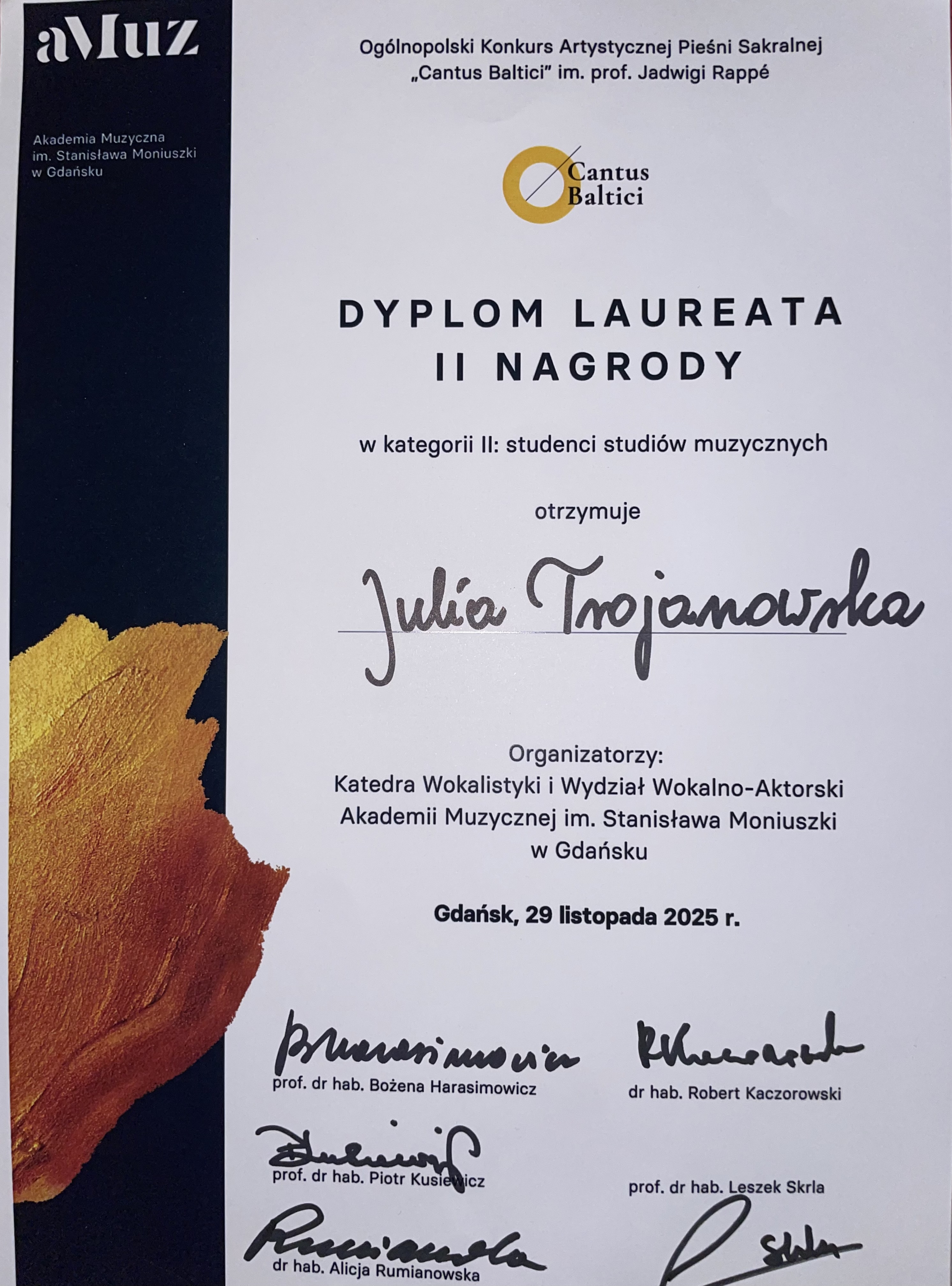 Dyplom zawiera skr&oacute;cone informacje na temat konkursu