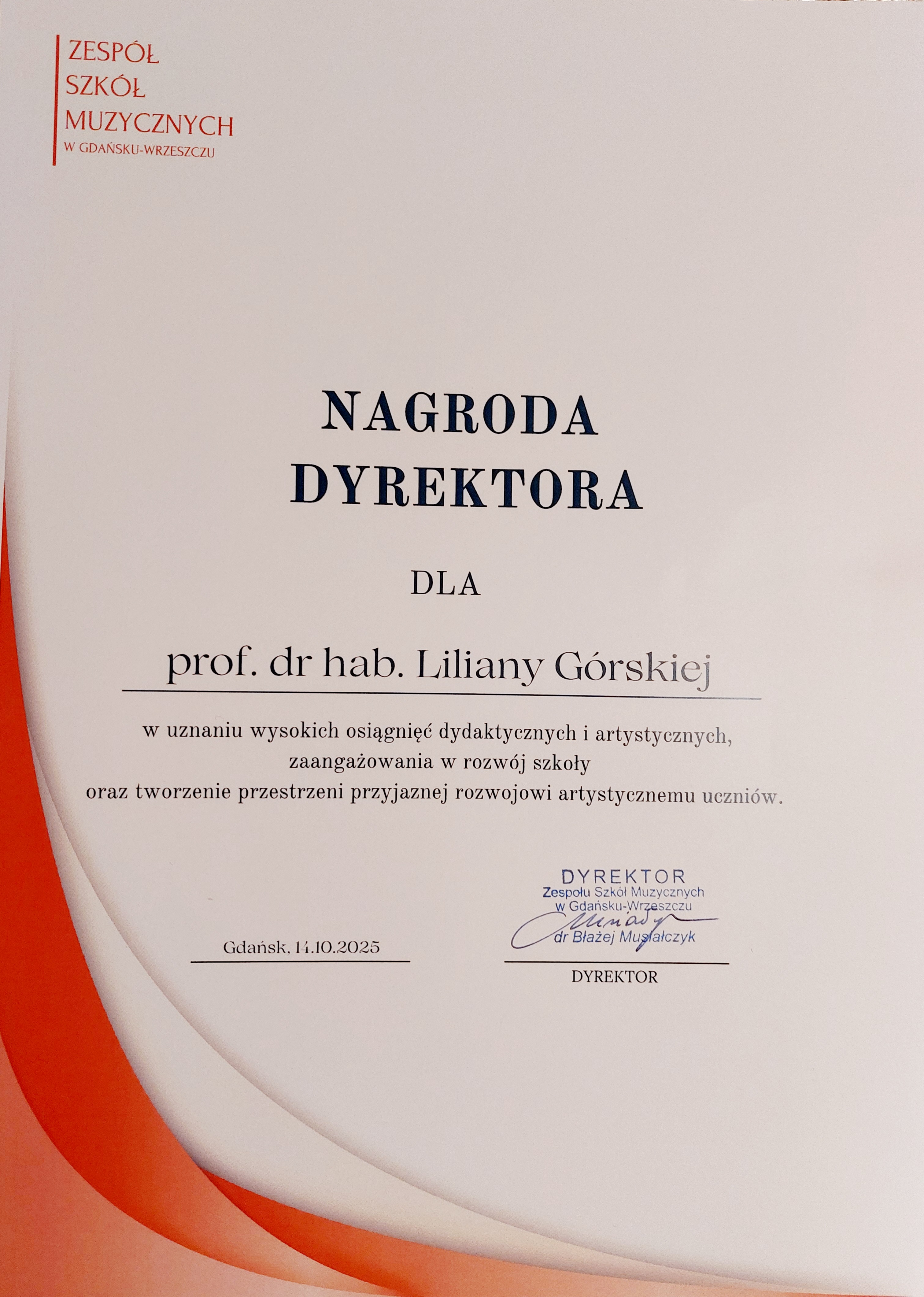 Dyplom Liliany G&oacute;rskiej 