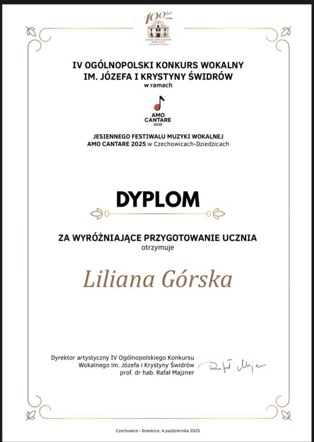 Dyplom Liliany G&oacute;rskiej 